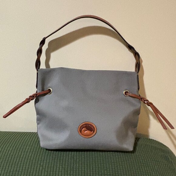 Dooney & Bourke Grey Nylon Shoulder Bag With Tan Leather Handle and Trim - Picture 1 of 7